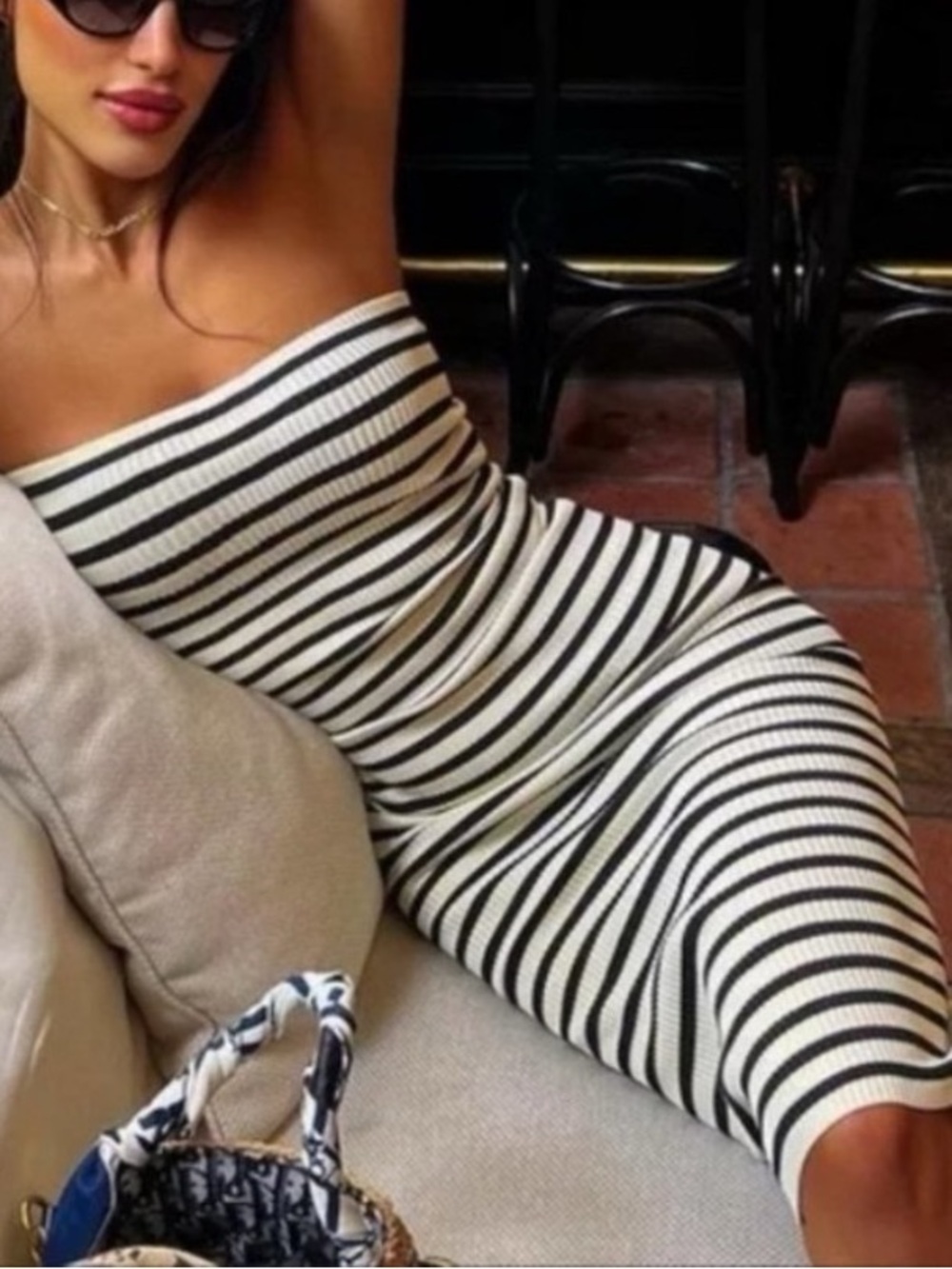 Zara Strapless Black White Striped Midi Dress Blogger favorite Nautical minimal